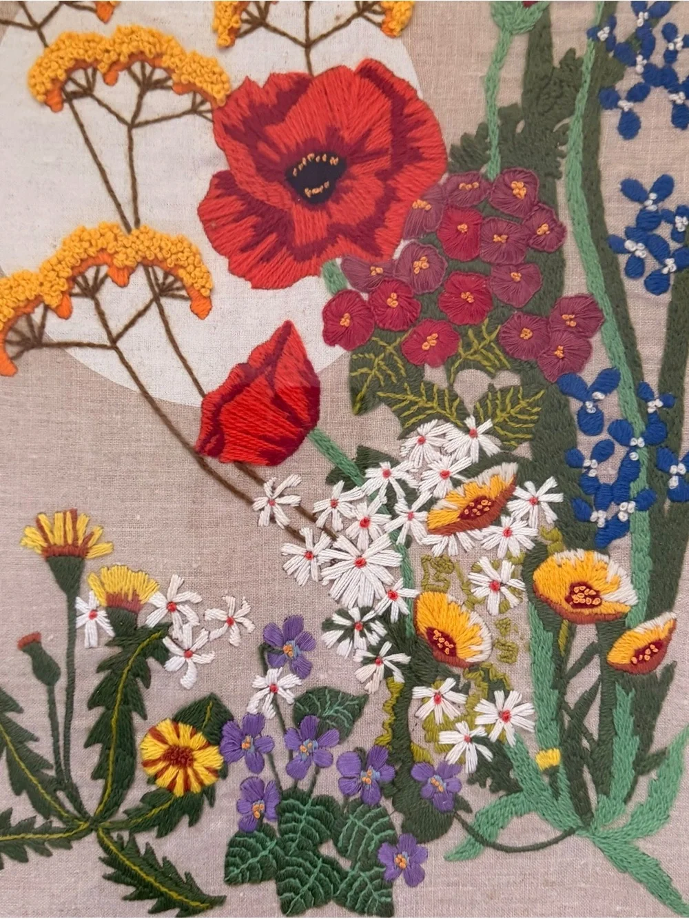 Vintage Crewel Embroidery Flowers Glass Framed Wall Art